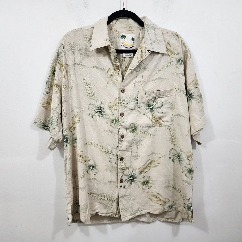 Banana Cabana Silk Hawaiian Camp Shirt Beige Palm Tree Resort Relaxed Mens L